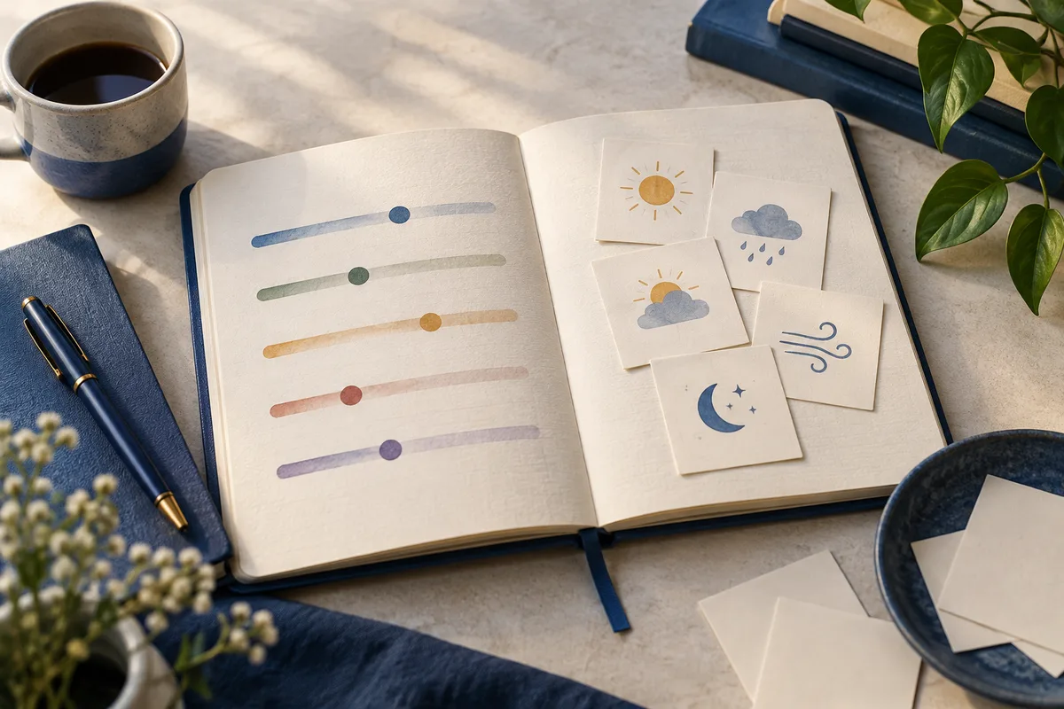 An open notebook shows five colored slider bars beside cards with sun, cloud, wind, and moon symbols; a mug, pen, books, and leafy plant sit nearby.
