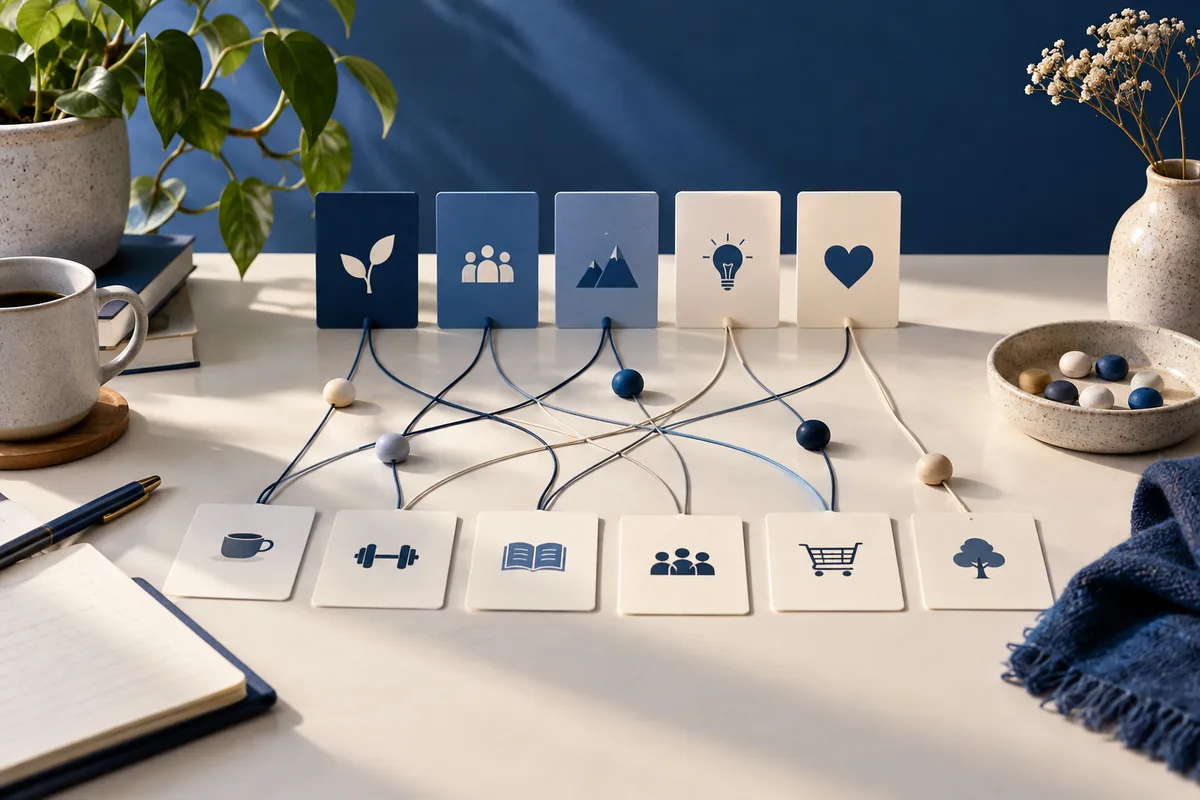 Cards with simple icons are connected by blue and cream strings across a desk with a notebook, coffee cup, plant, and bowl of stones.