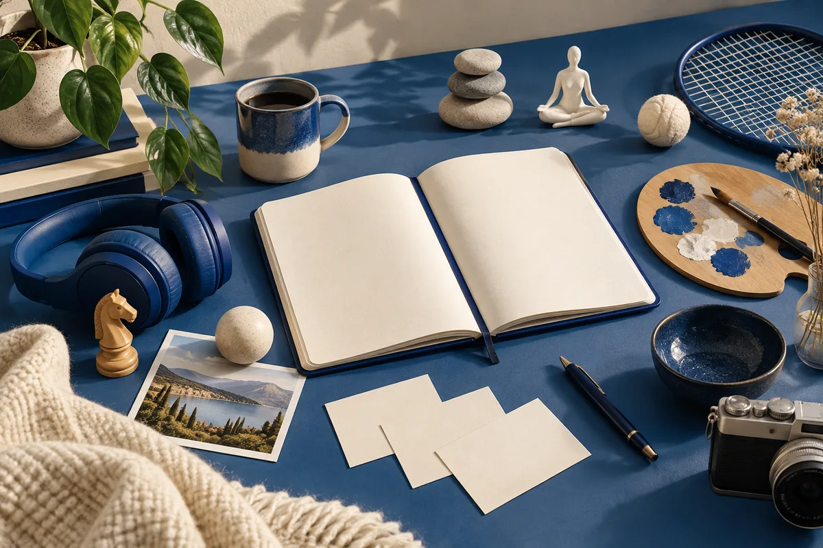 An open blank notebook and pen sit on a blue desk among headphones, a paint palette, a camera, a mug, stacked stones, and a small seated figurine.