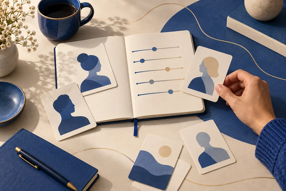 An open notebook with five horizontal marker lines sits among illustrated profile cards, a hand holding another card, a blue mug, flowers, and a pen.