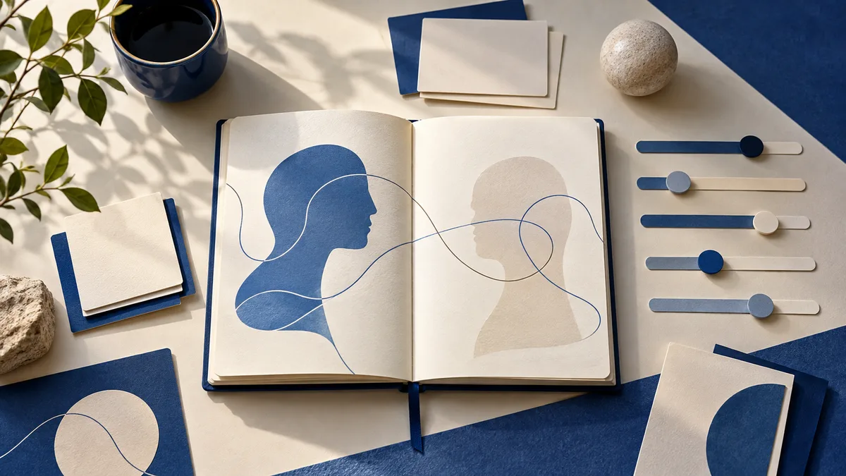 Open notebook showing blue and cream head silhouettes connected by curved lines, beside horizontal sliders and stationery on a blue-and-cream tabletop.