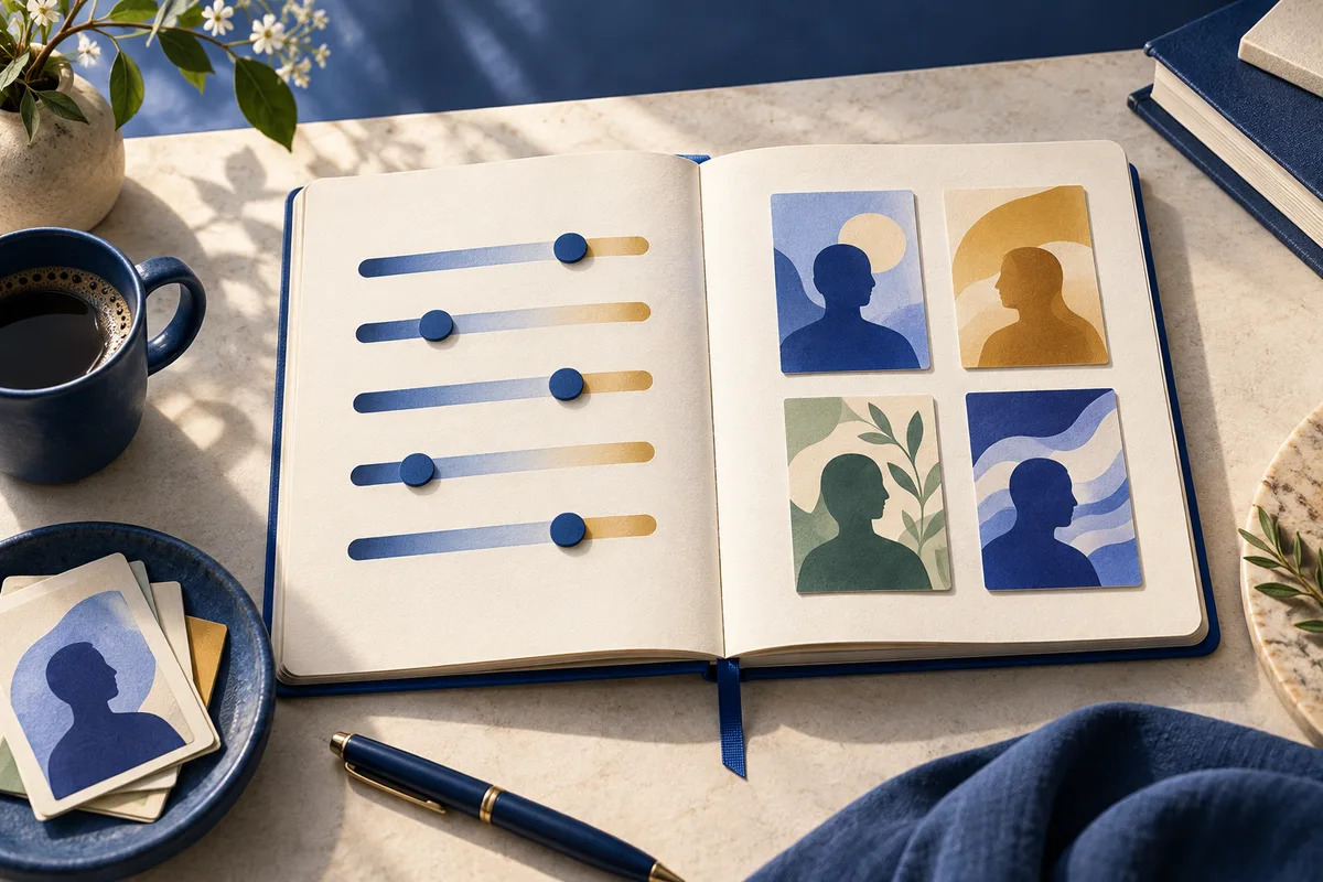Open notebook showing five horizontal sliders and four colorful cards with simple human silhouettes, with a coffee cup and pen nearby.