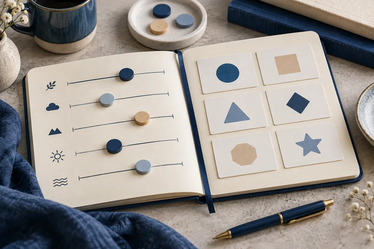 Open notebook showing five sliders beside small symbols and six cards with geometric shapes, with a pen and cup nearby.