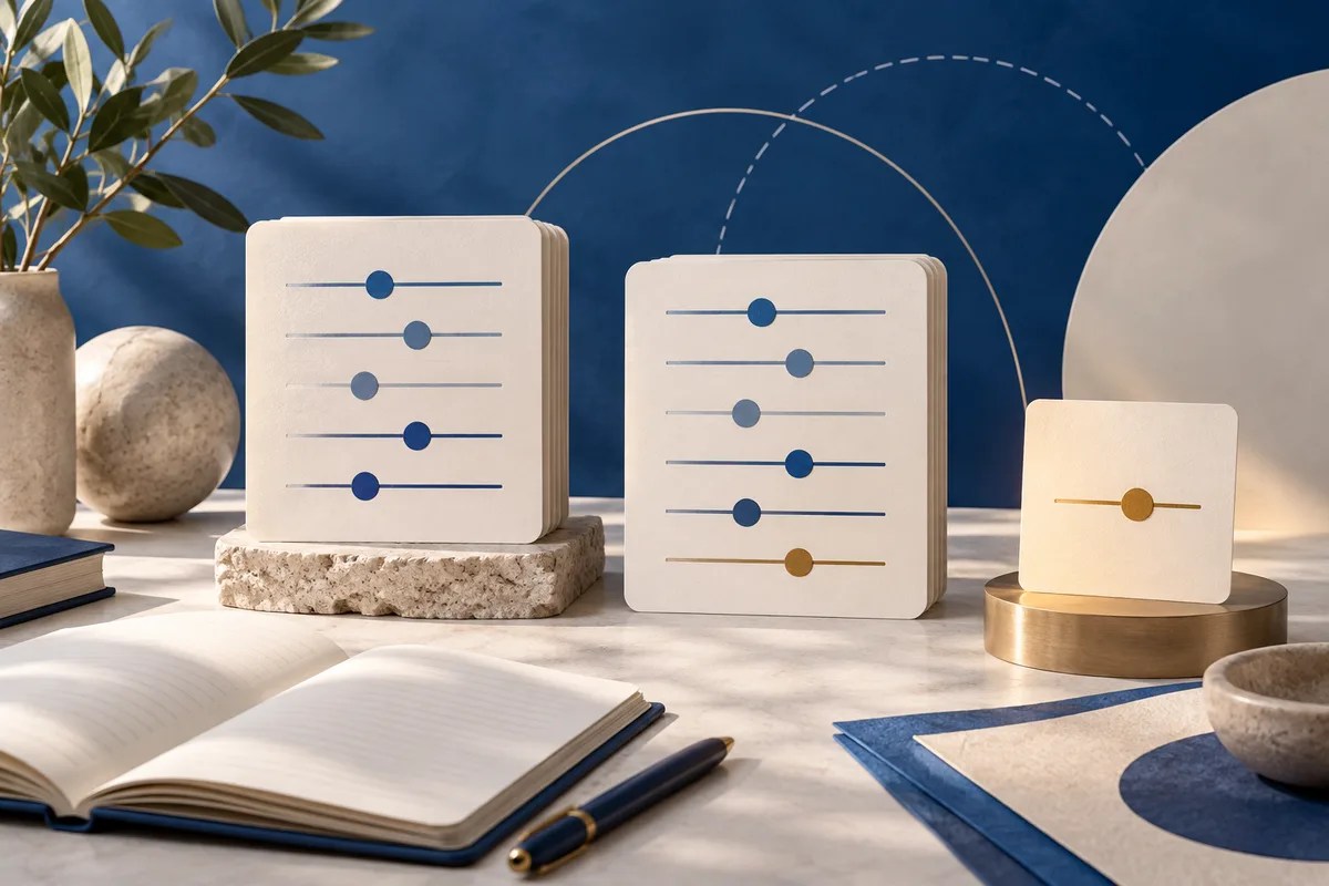 Three cream cards with blue and gold dots on horizontal lines, beside an open notebook, pen, plant, and geometric decor.