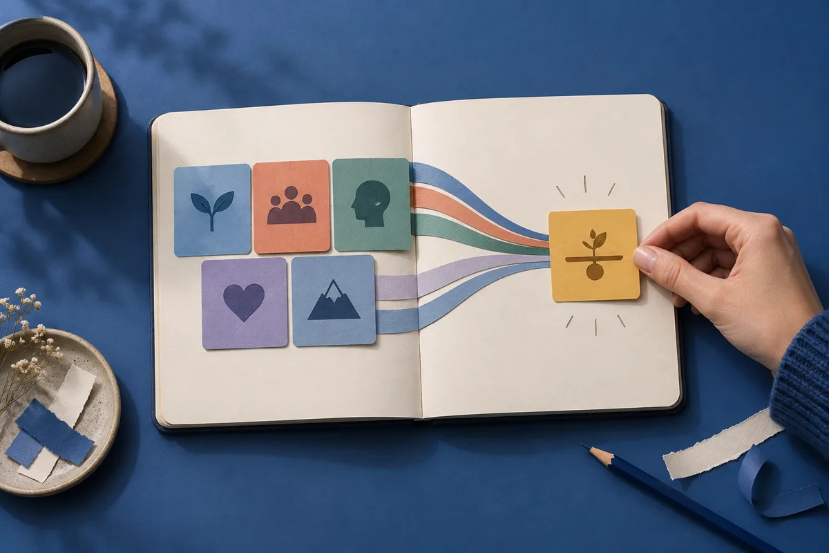 An open notebook with five colored symbol cards connected by curved colored bands to a gold card held by a hand.
