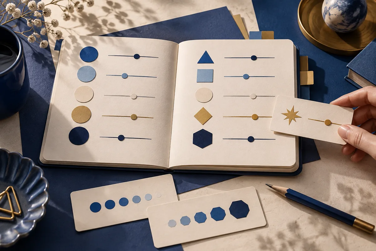 An open notebook with colored circles and geometric shapes aligned with horizontal lines, a hand holding a star card, and two gradient cards below.