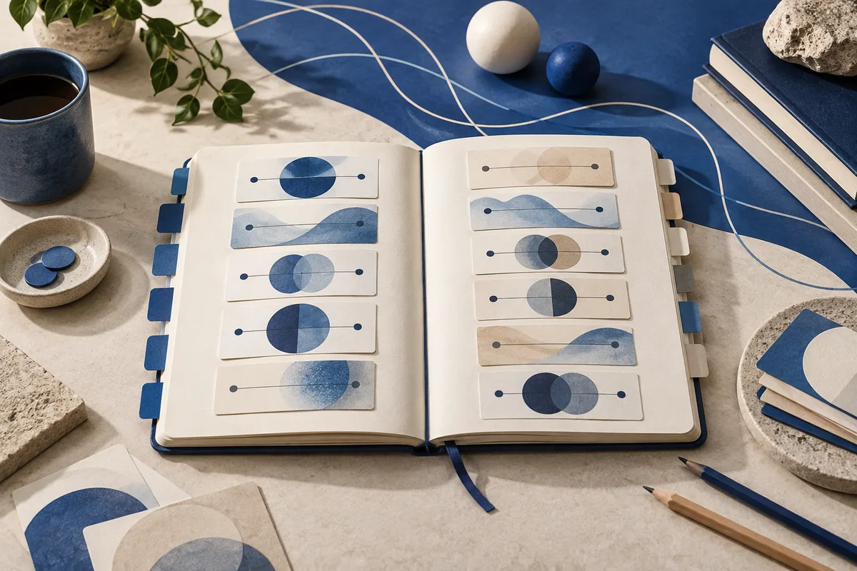 Open notebook with blue and beige abstract cards showing circles, lines, and shaded shapes, surrounded by pencils, books, stones, and a cup on a blue-and-cream tabletop.