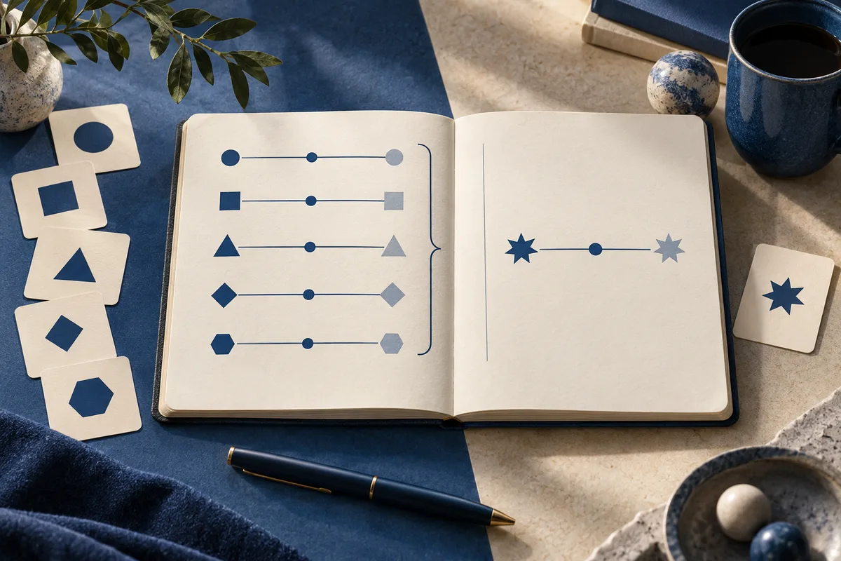 Open notebook with five horizontal lines ending in geometric shapes on the left page and a single line with star shapes on the right, surrounded by matching shape cards and a pen.