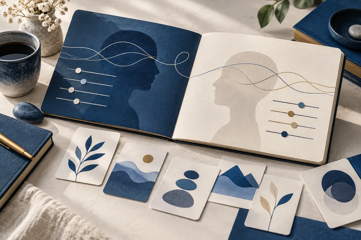 Open notebook showing two overlapping profile silhouettes crossed by flowing lines and horizontal markers, with abstract picture cards arranged in front.