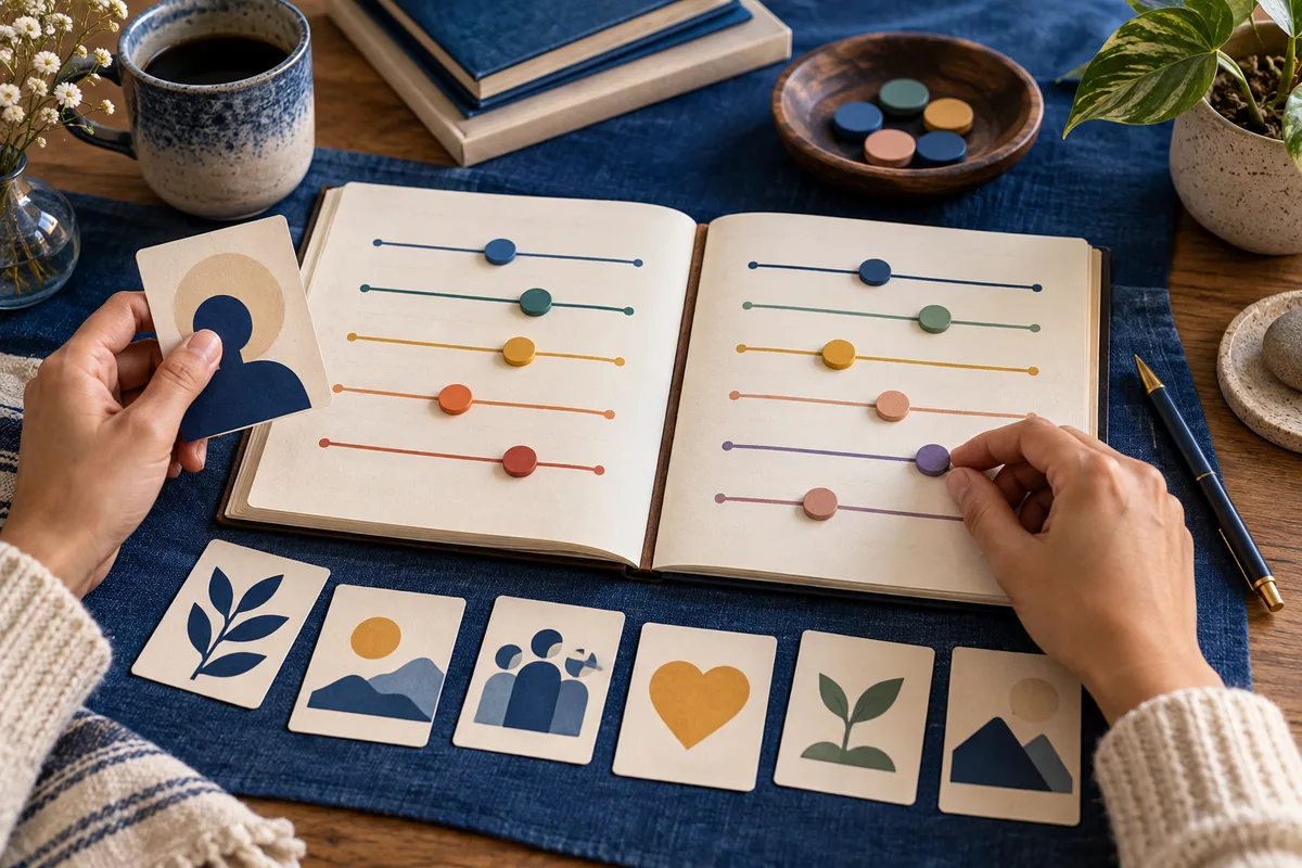 Hands arrange colored round markers on horizontal lines in an open notebook beside a card with a simple silhouette, with illustrated cards and a bowl of markers nearby.