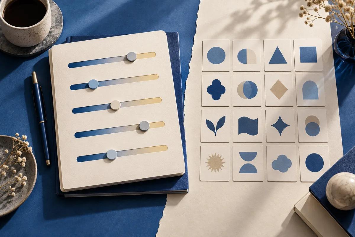 A notebook with five colored slider scales lies beside a grid of cards showing abstract blue, cream, and tan shapes.