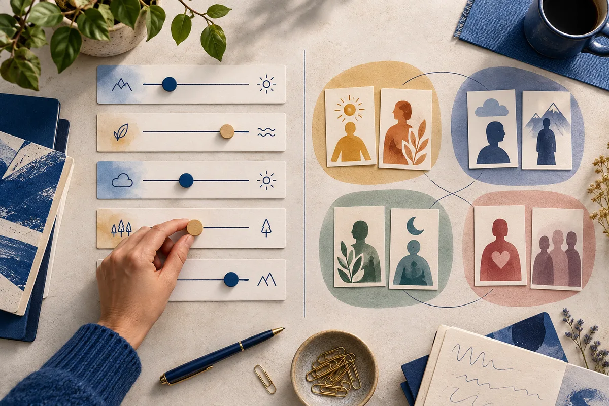 A hand adjusts a slider on a tabletop beside illustrated cards grouped into four colored circles.
