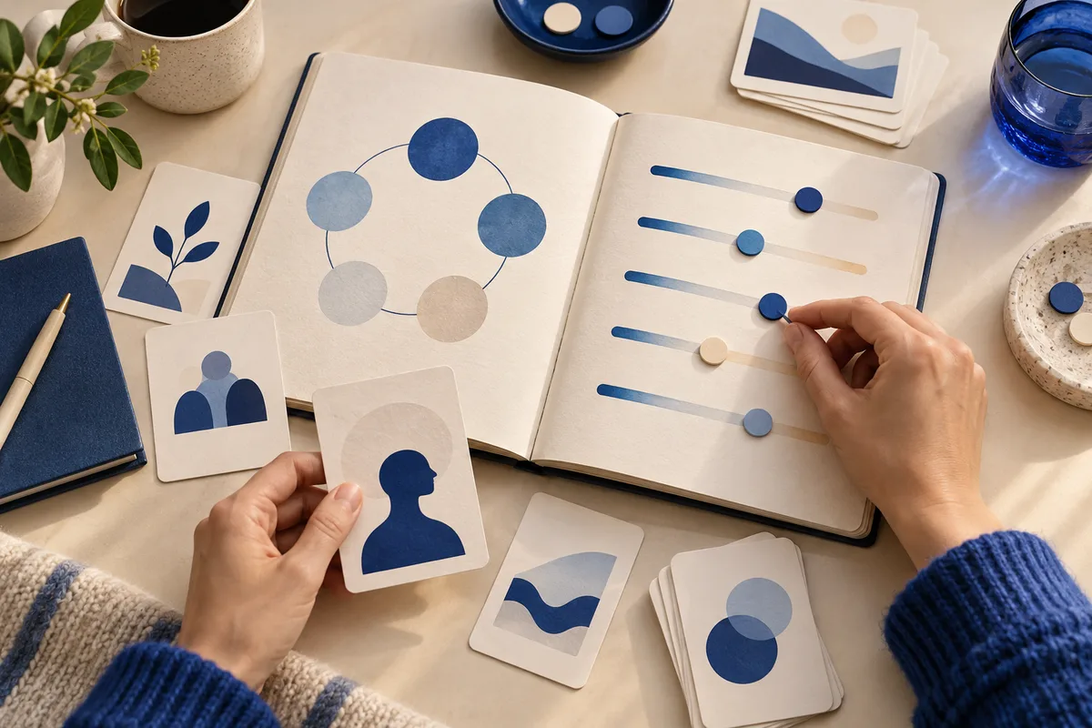 Two hands hold an illustrated card and adjust a slider in an open notebook surrounded by abstract cards.