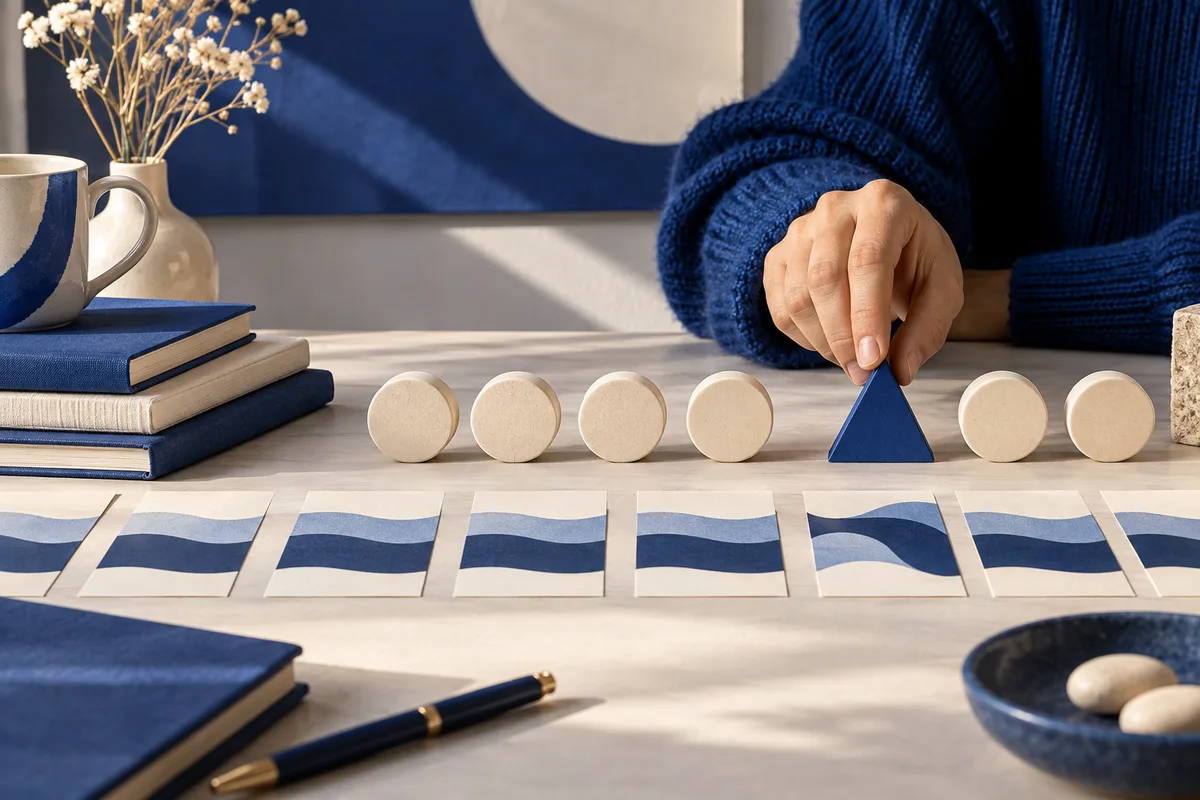 A hand in a navy sweater places a blue triangle among cream-colored round pieces beside cards with blue wave patterns, books, a cup, and a vase.