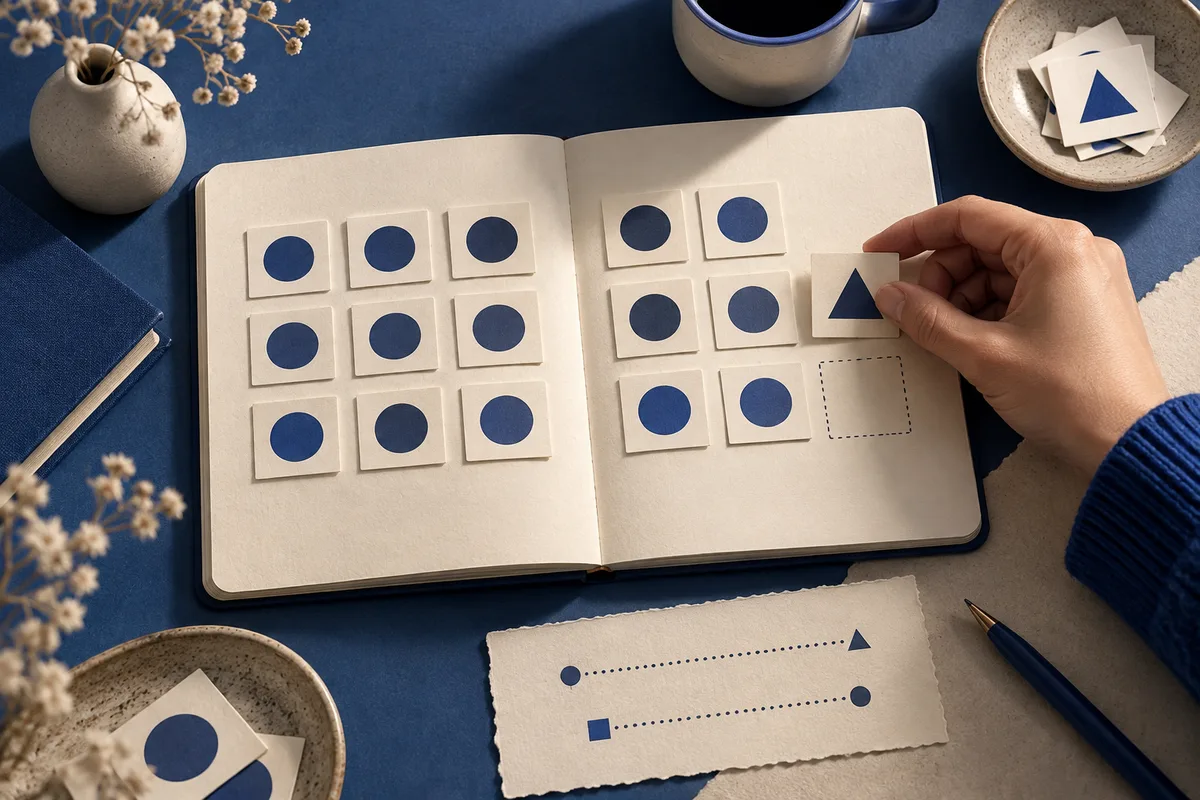 An open notebook displays square cards with blue circles while a hand places a blue triangle card into an empty outlined space; additional cards, a cup, and a pencil surround it.