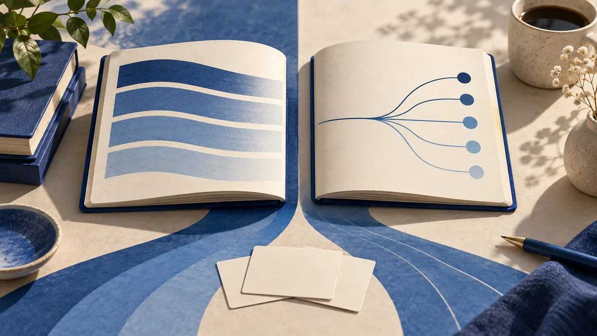 Open notebooks show blue horizontal bands and branching lines ending in dots, with blank cards, books, and a cup nearby.