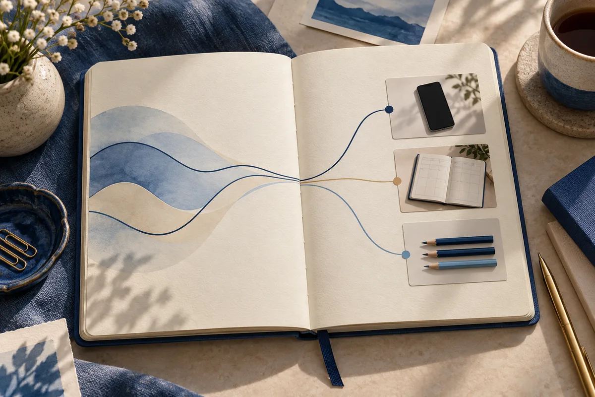 An open notebook shows branching blue and gold lines leading to pictures of a phone, planner, and pencils.