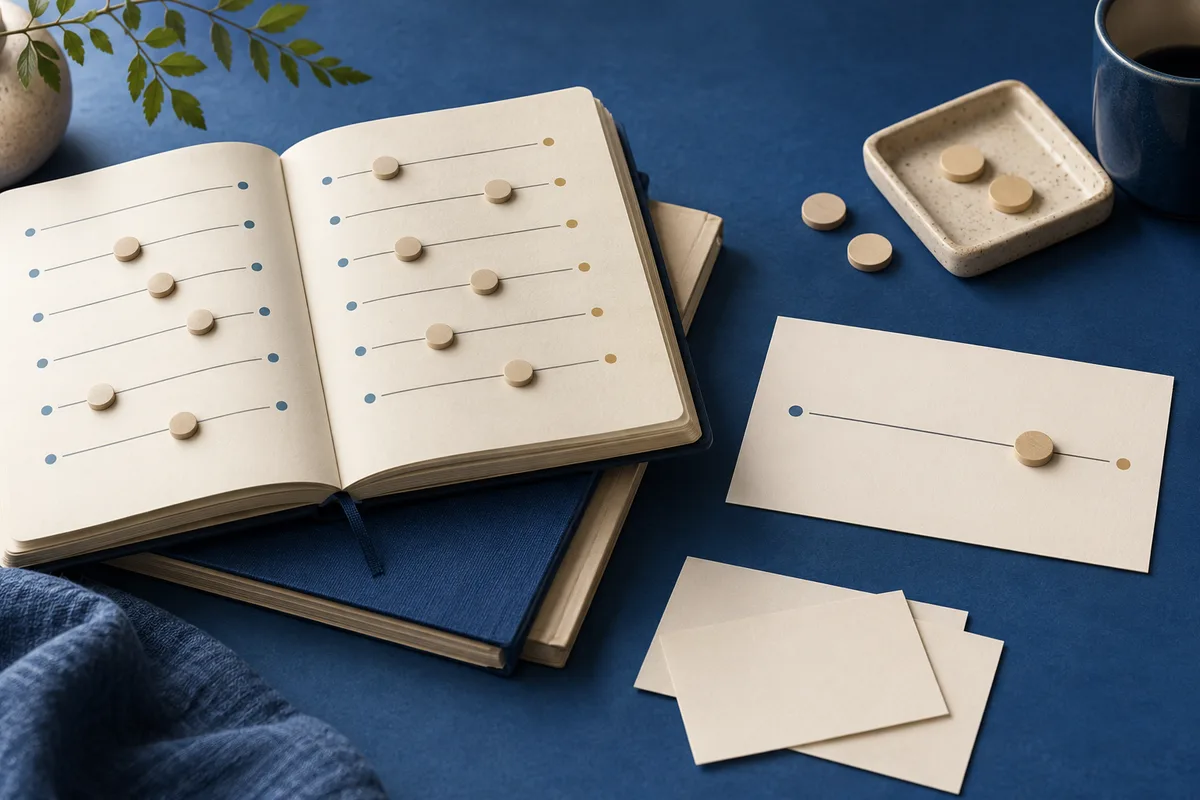 An open notebook and loose cards with unlabeled lines and movable markers on a blue tabletop.