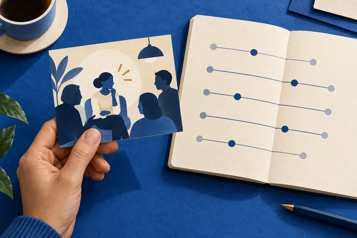 A hand holds an illustrated card showing a seated group beside an open notebook with unlabeled lines and markers.