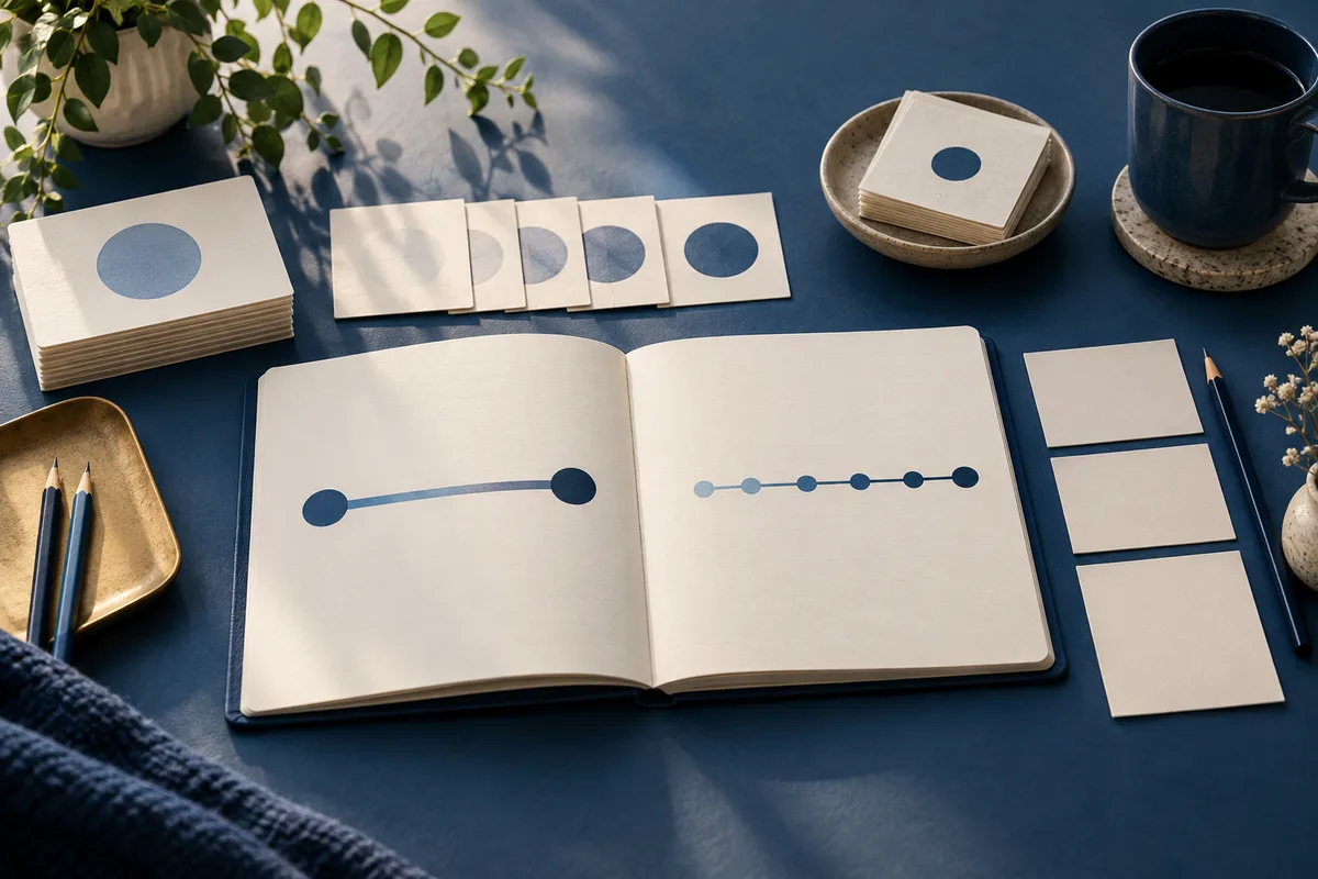 Open notebook on a dark blue table showing a two-point line on one page and a multi-point line on the other, surrounded by blank cards, pencils, a cup, and a plant.