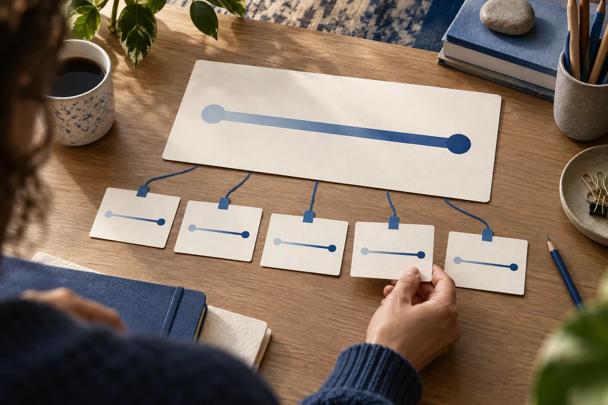 A hand arranges five small cards with two-point lines beneath a larger card showing a long two-point line, with blue connecting cords between them.