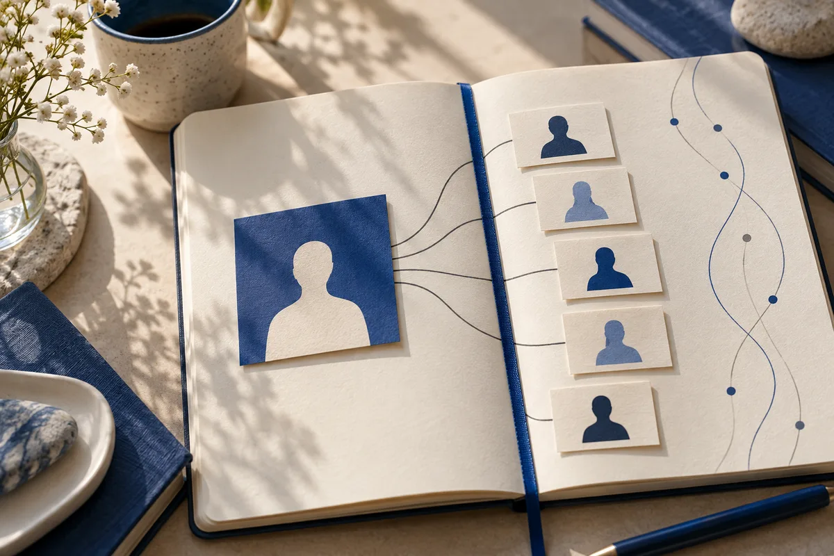 Open notebook displaying a blank profile silhouette card connected by lines to a vertical stack of smaller blue silhouette cards and curved dotted lines.