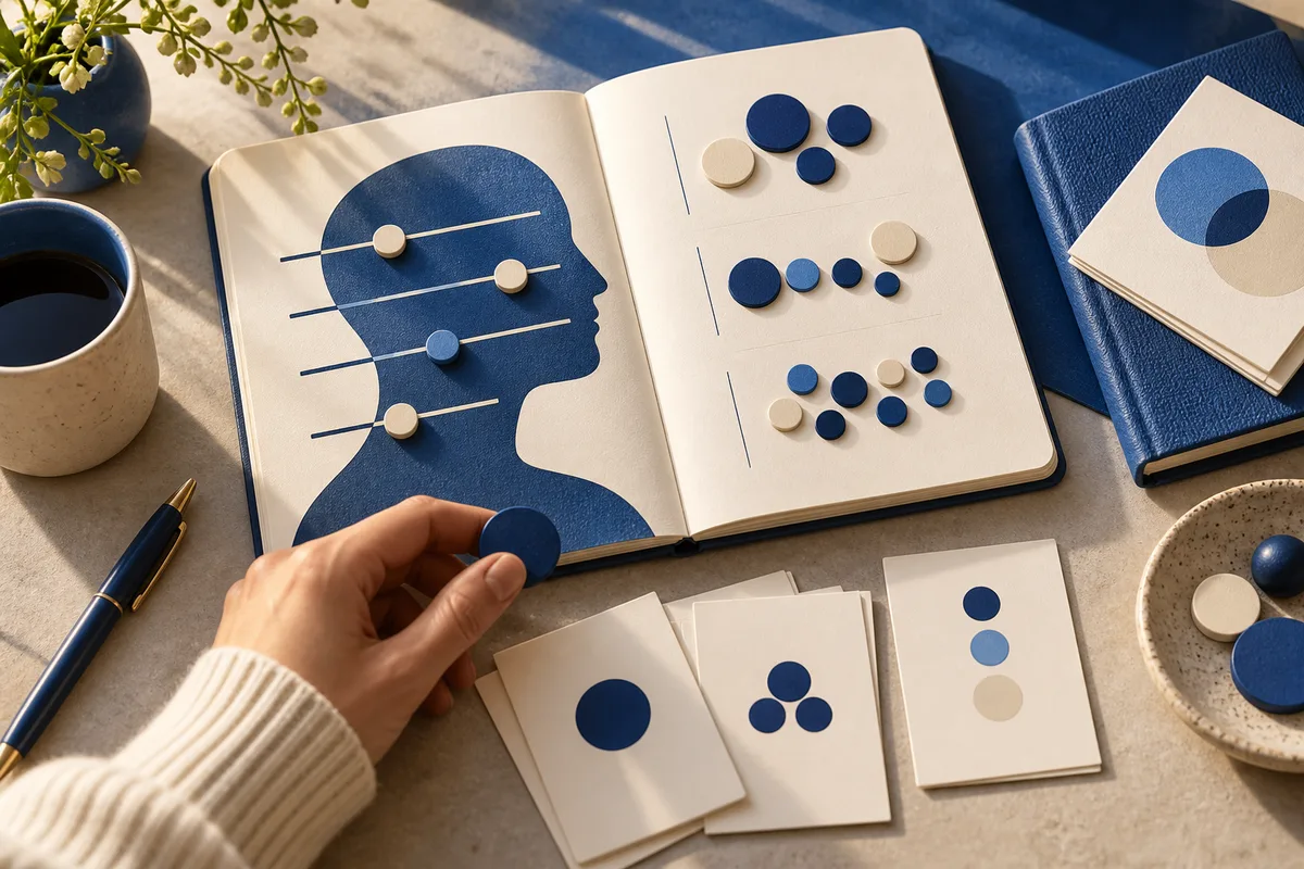 Open notebook showing a blue profile silhouette with horizontal lines and movable discs beside pages of grouped blue and cream discs; a hand holds another disc.