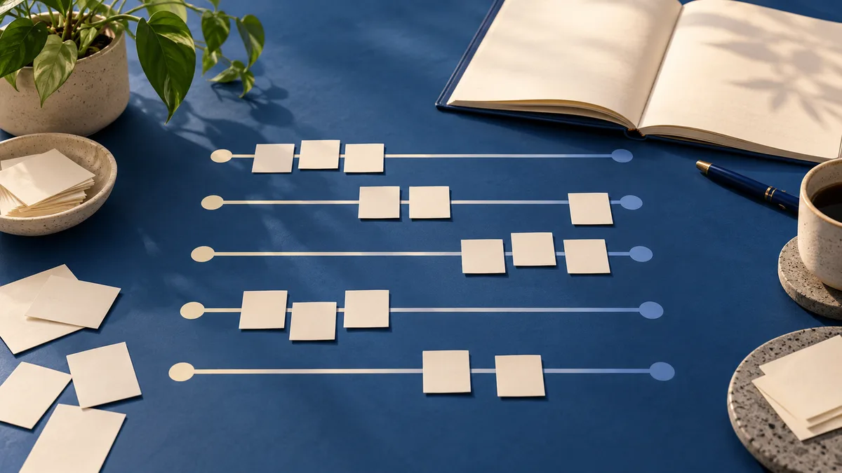 Cream cards arranged along horizontal lines on a blue tabletop, beside an open notebook, plant, pen, and stacked cards.