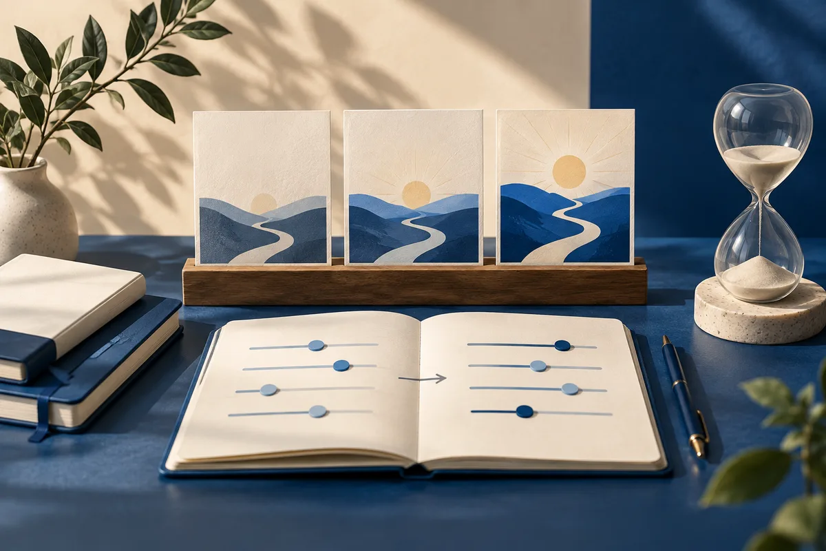 A blue-and-cream tabletop scene with an open notebook showing slider lines and an arrow, three landscape cards, a potted plant, and an hourglass.