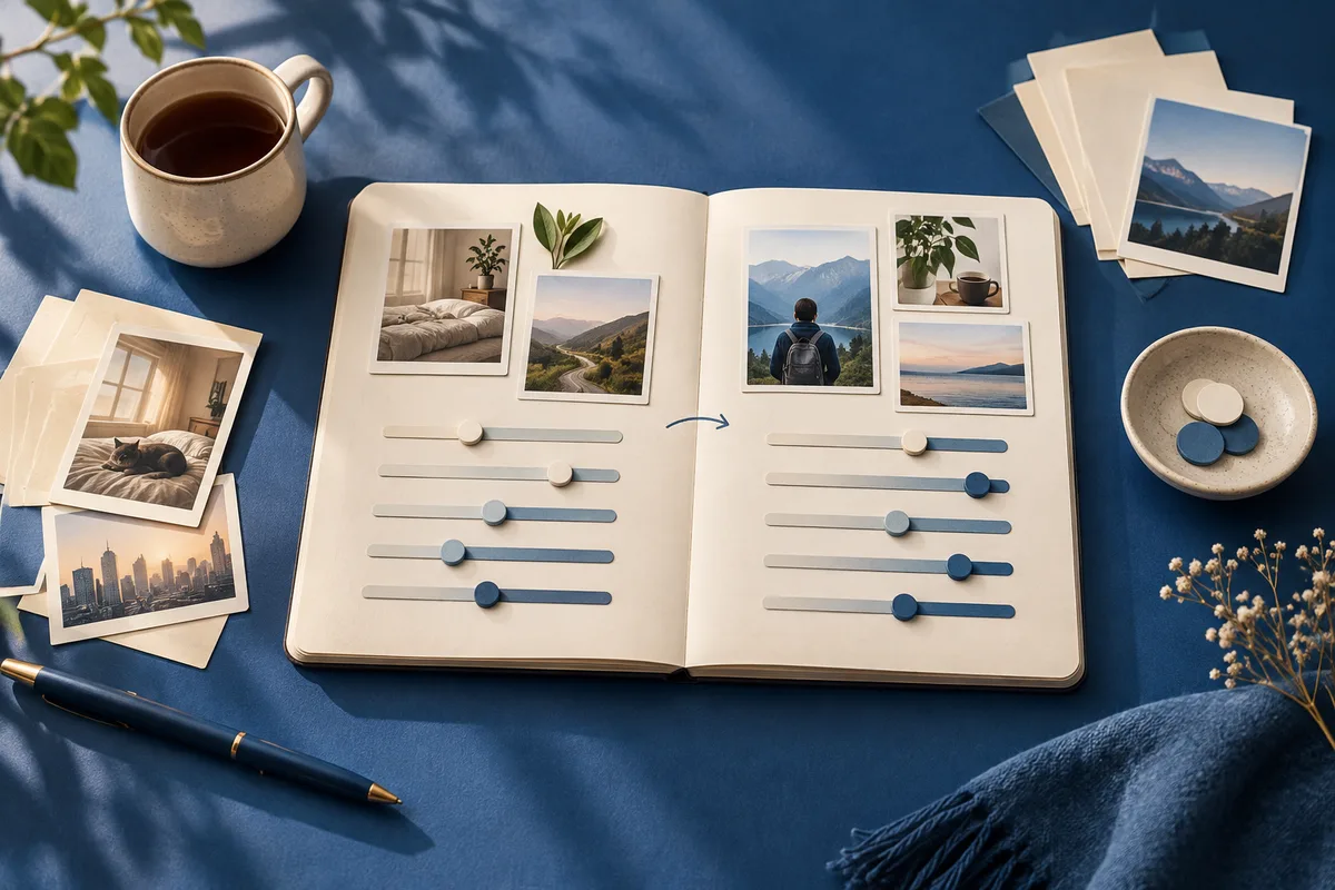 An open scrapbook with photos of rooms, landscapes, and a person by a lake, plus slider lines, on a blue tabletop beside a cup and pen.
