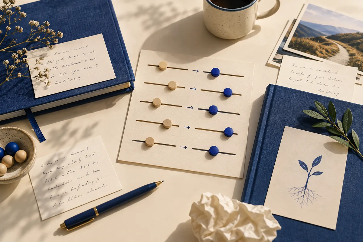 A cream tabletop with a card showing five pairs of wooden and blue sliders with arrows between them, handwritten notes, blue notebooks, a cup, photos, and a pen.