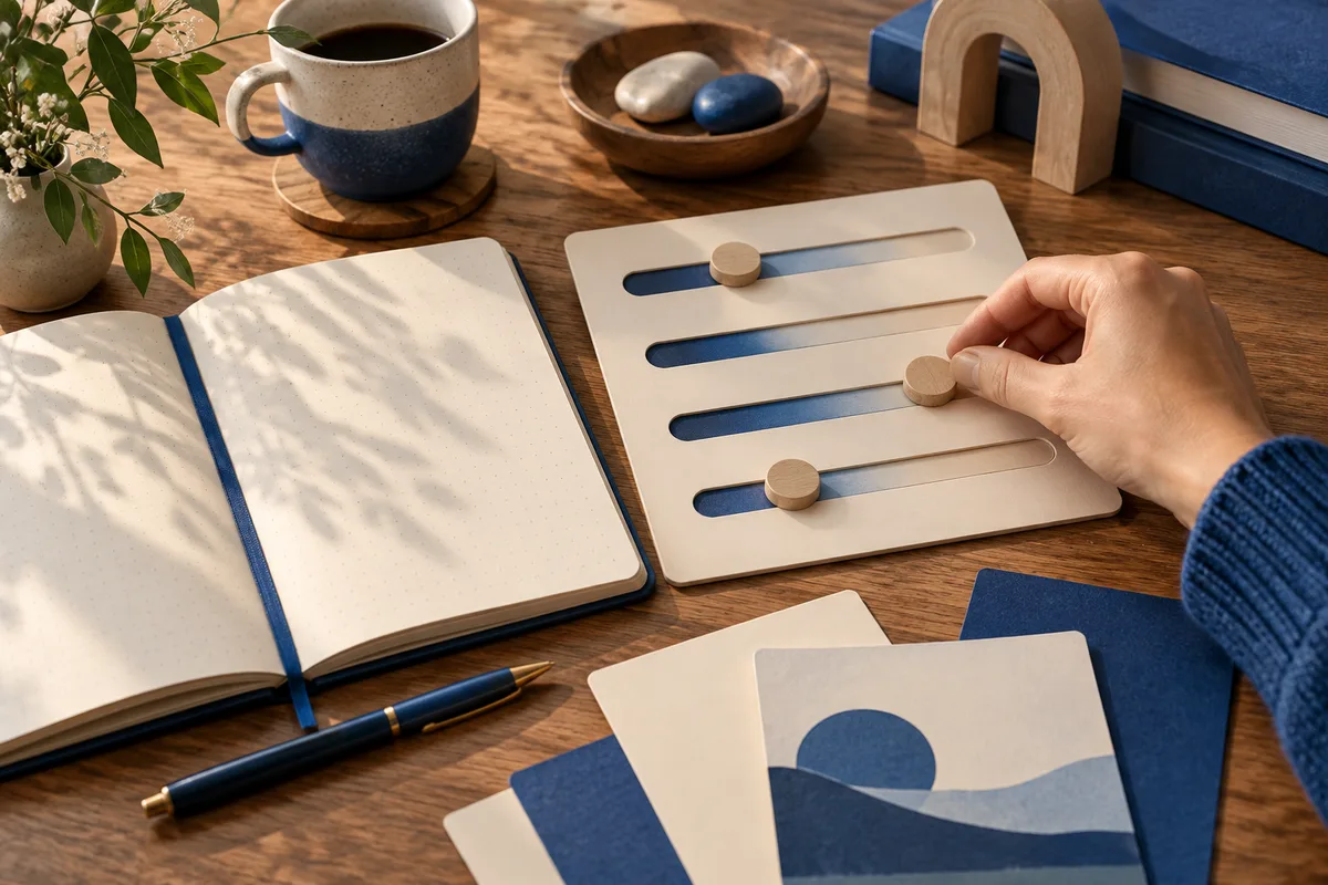 A hand holds a wooden knob on a board with four horizontal tracks beside an open notebook, pen, cup, stones, and landscape cards.