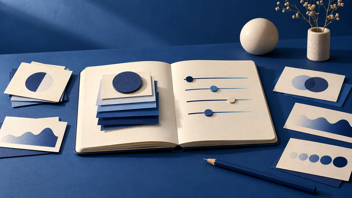 Open notebook with blue and cream abstract cards, circular shapes, slider-like lines, a pencil, and a vase on a blue surface.