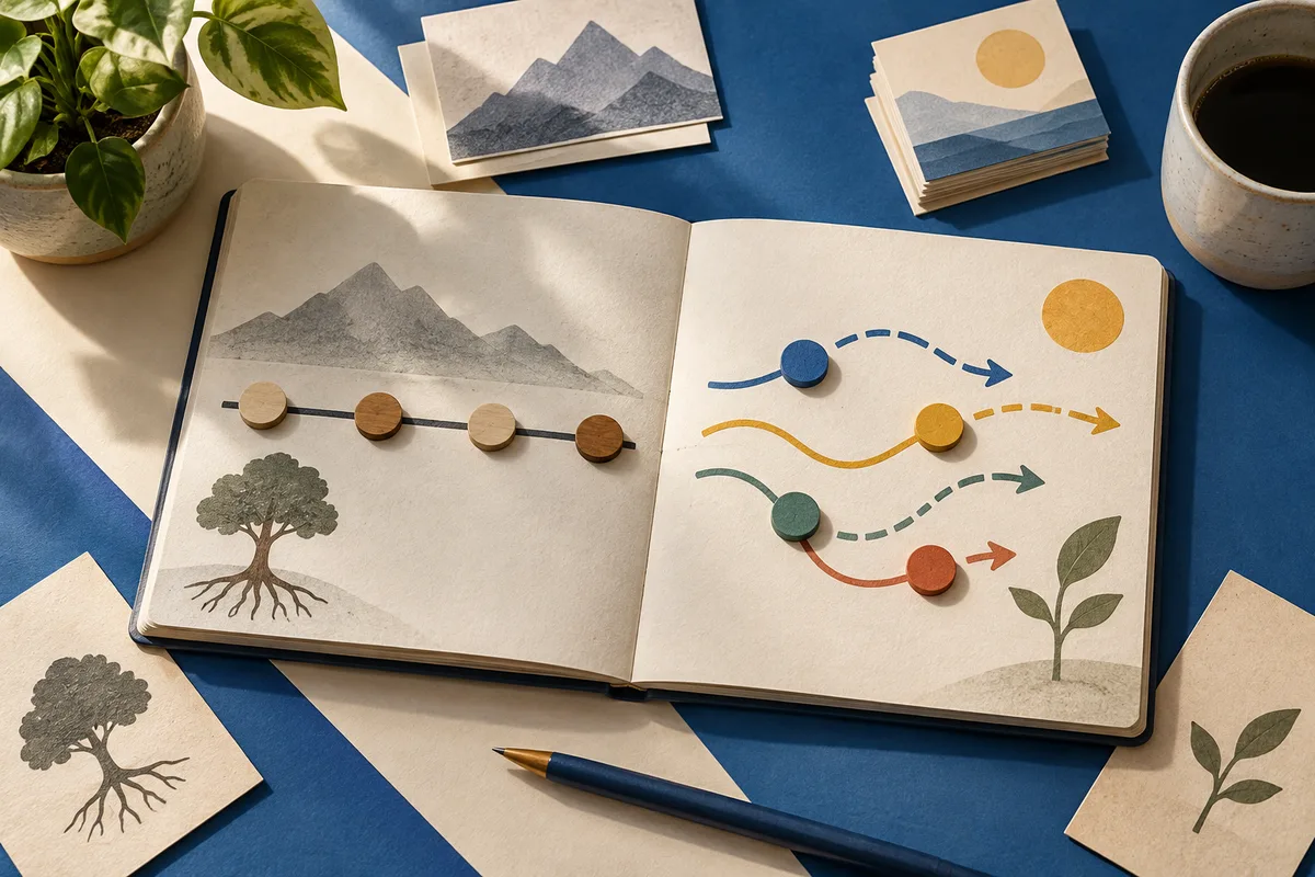 Open notebook showing mountain and tree illustrations on one page and colored curving paths with arrows on the other, surrounded by cards, a plant, and a coffee cup.