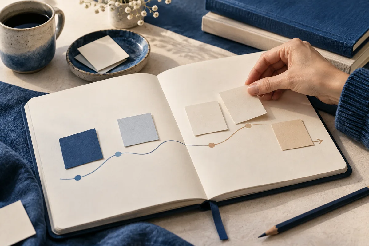 A hand places a blank card in an open notebook containing colored lines, dots, and an arrow, with books, a coffee cup, and a pencil nearby.