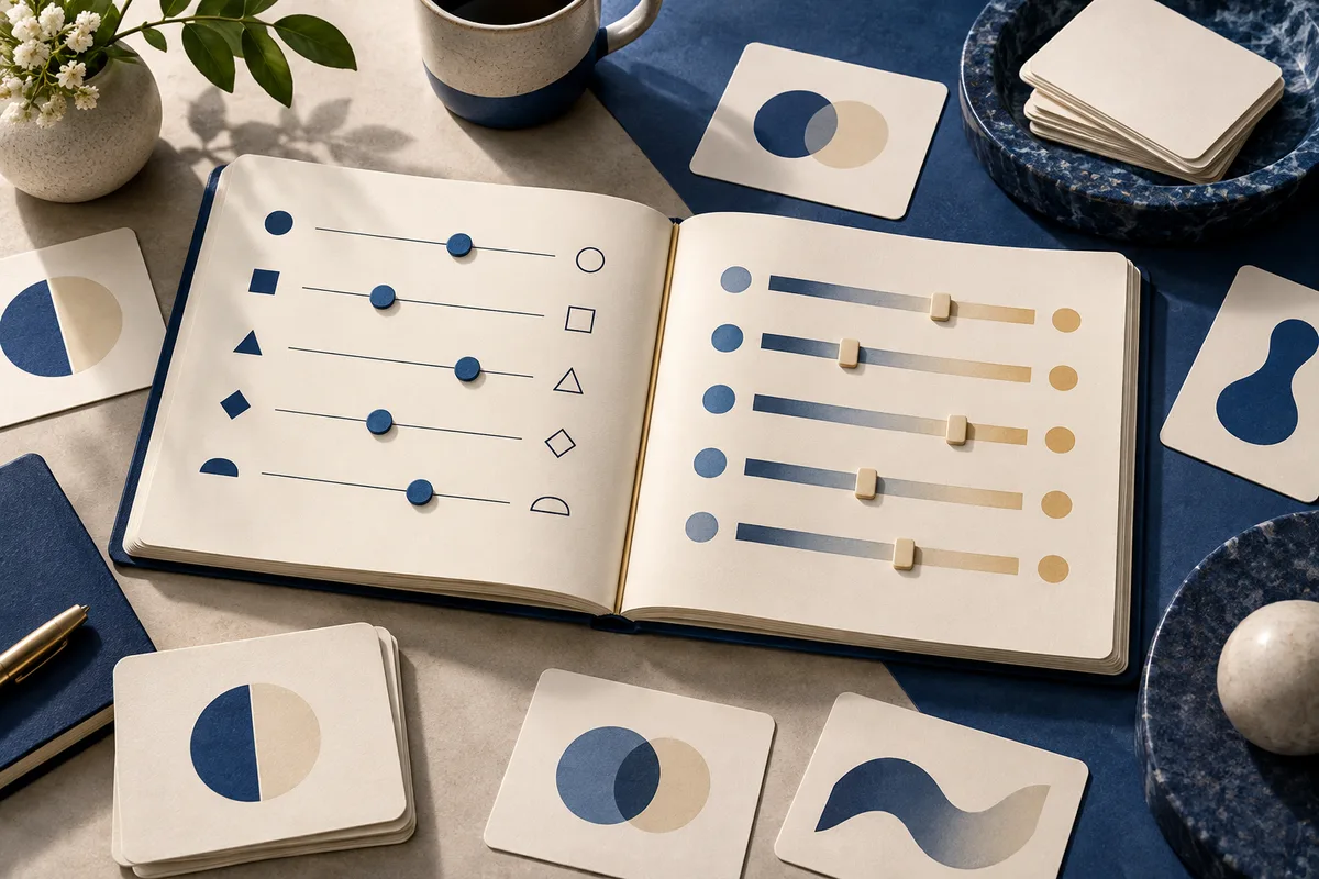 An open notebook displays two pages of abstract slider scales, surrounded by geometric cards, a cup, a vase, and blue decorative objects.