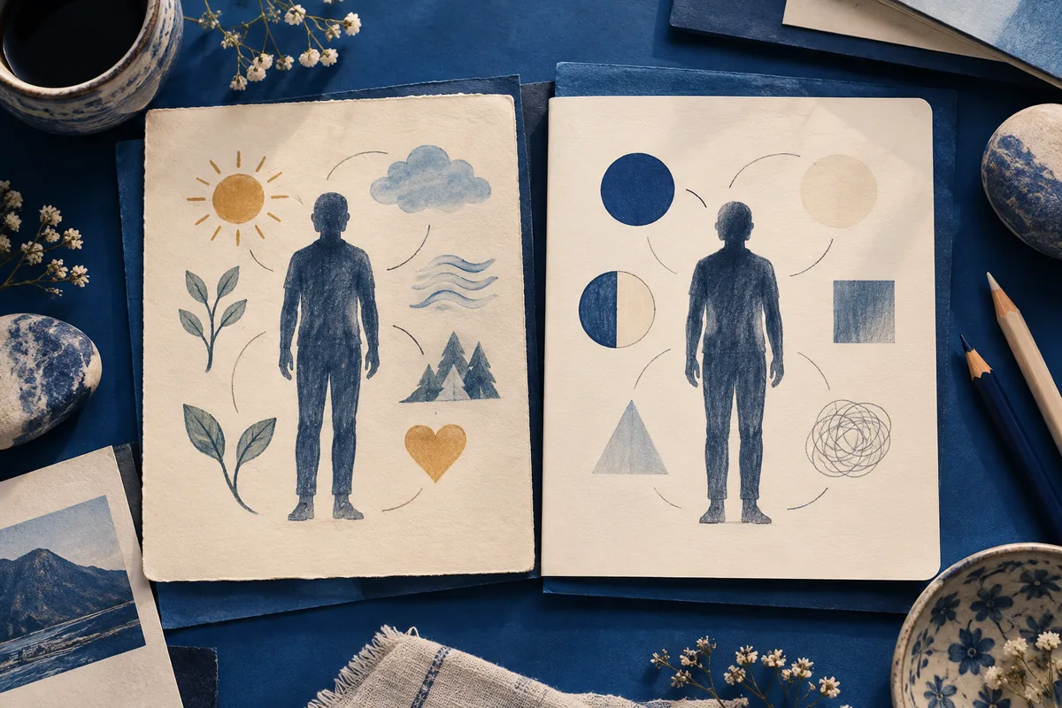 Two illustrated pages show blue human silhouettes surrounded by plant, sun, cloud, landscape, shape, and line symbols.