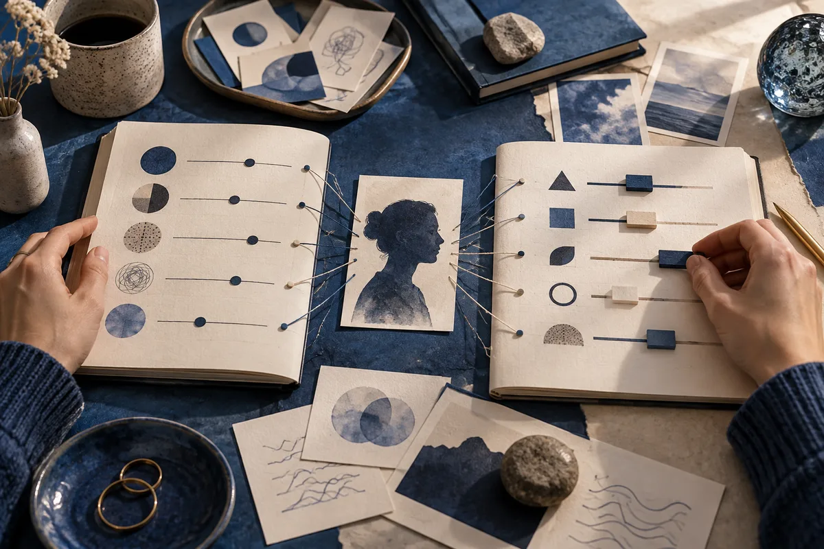 Hands hold open notebooks with abstract slider scales connected by threads to a profile portrait, with cards and stones nearby.