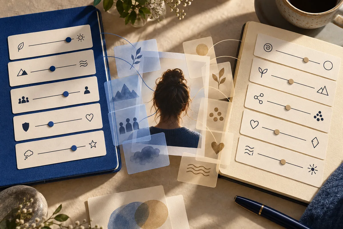 A rear-view portrait is layered with translucent symbol cards between two notebooks filled with slider scales and icons.