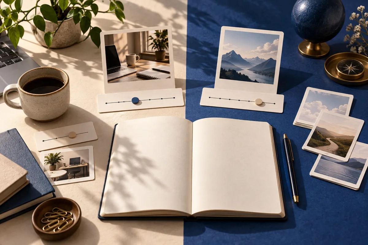 An open blank notebook lies across a cream-and-navy desk, surrounded by slider cards, workspace and landscape photos, a coffee mug, a pen, and a compass.