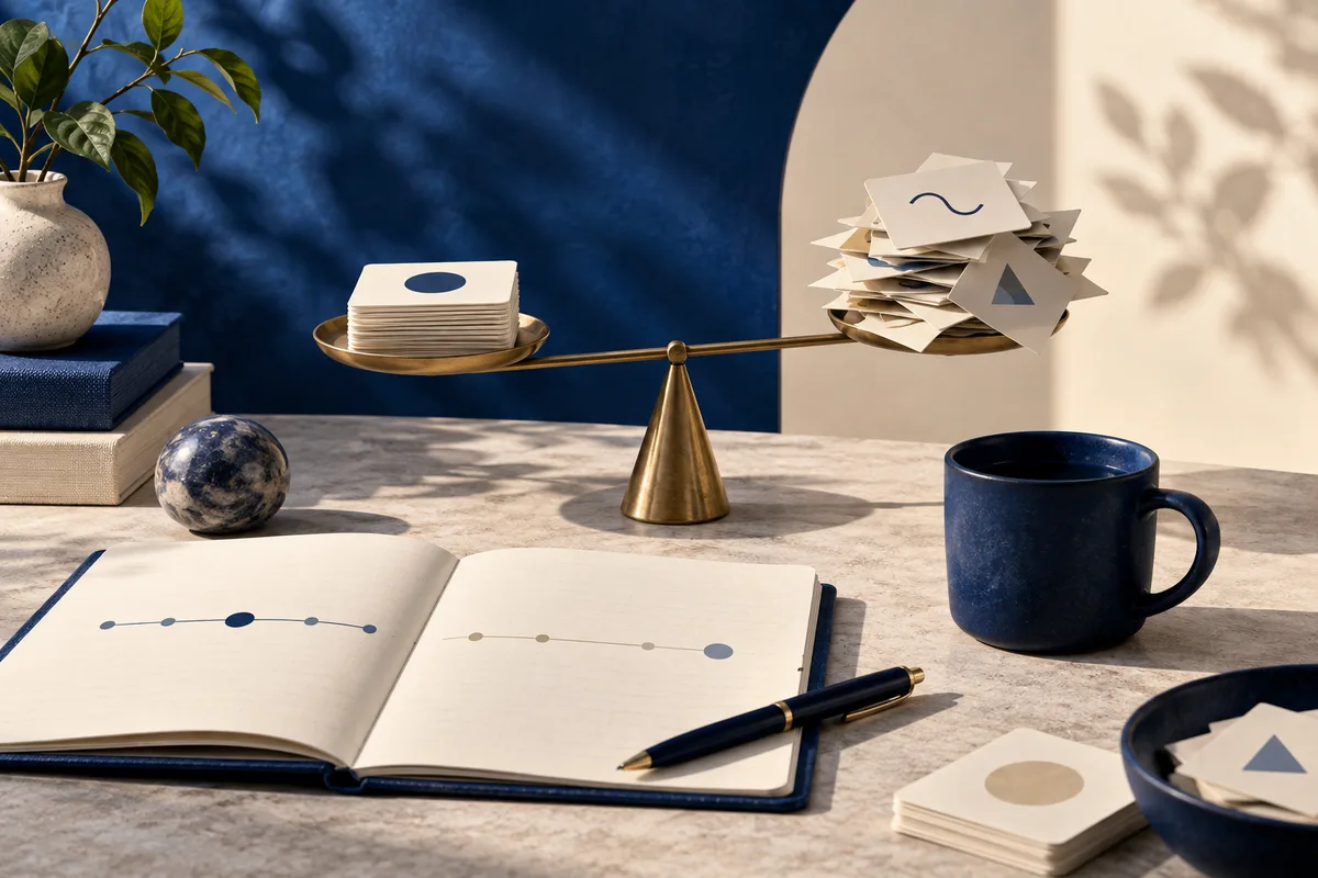 A brass balance holds a neat stack of oval-marked cards on one side and a scattered stack of cards with geometric symbols on the other. An open notebook with dotted lines, a pen, a dark mug, books, a plant, and a small sphere sit on the desk.