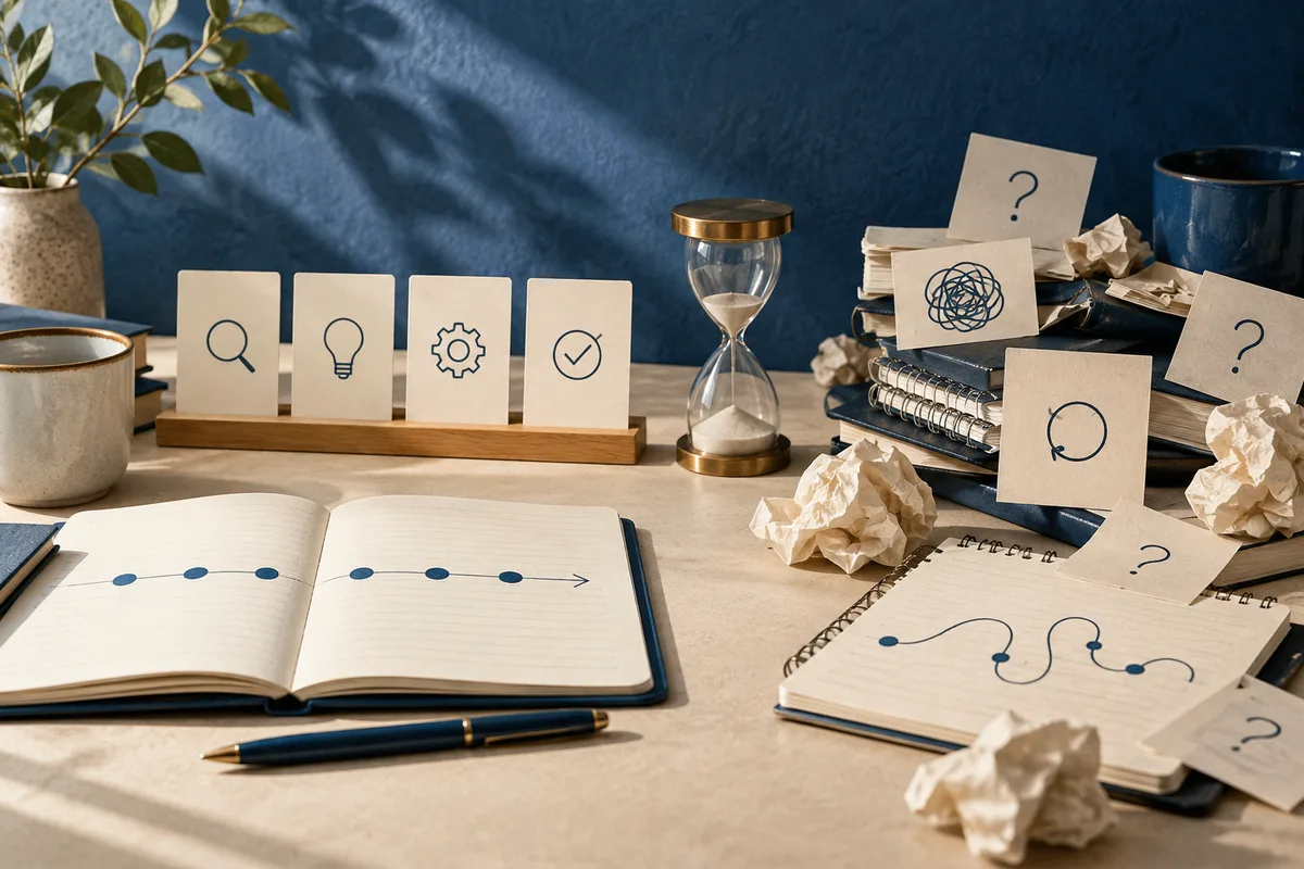 A desk holds open notebooks with dotted lines and arrows, four cards showing a magnifying glass, lightbulb, gear, and check mark, and an hourglass. Books and cards with question marks and circular scribbles are surrounded by crumpled paper.