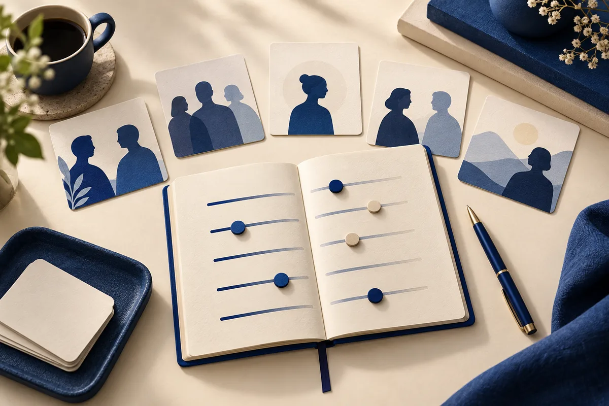 Overhead still life with an open notebook showing horizontal lines and blue and cream markers, surrounded by cards with abstract person silhouettes, a coffee cup, books, and a pen.