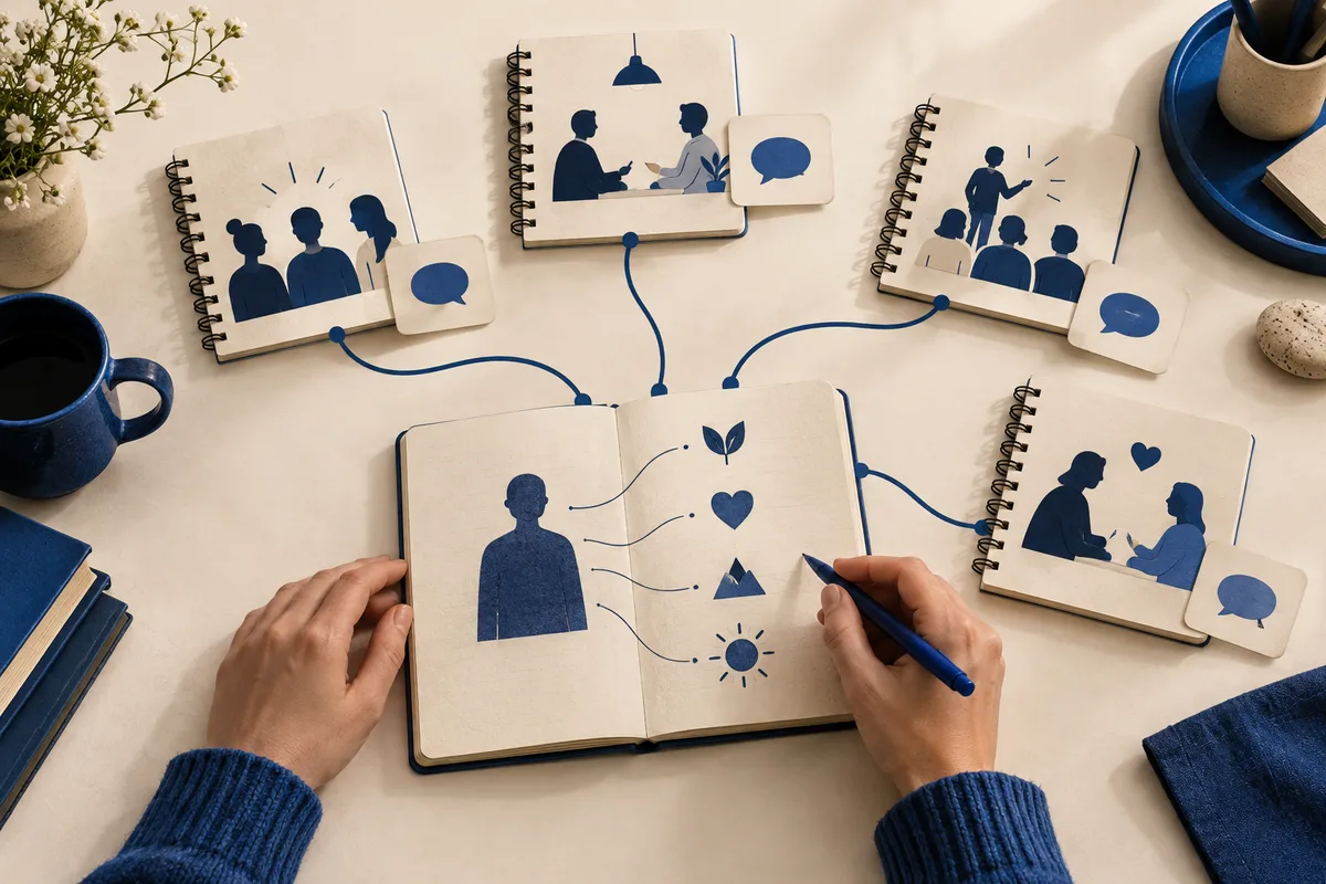 Open notebook with an abstract person silhouette and simple icons connected by curved lines to four surrounding spiral notebooks showing small groups and conversation scenes; two hands hold the notebook and a pen.
