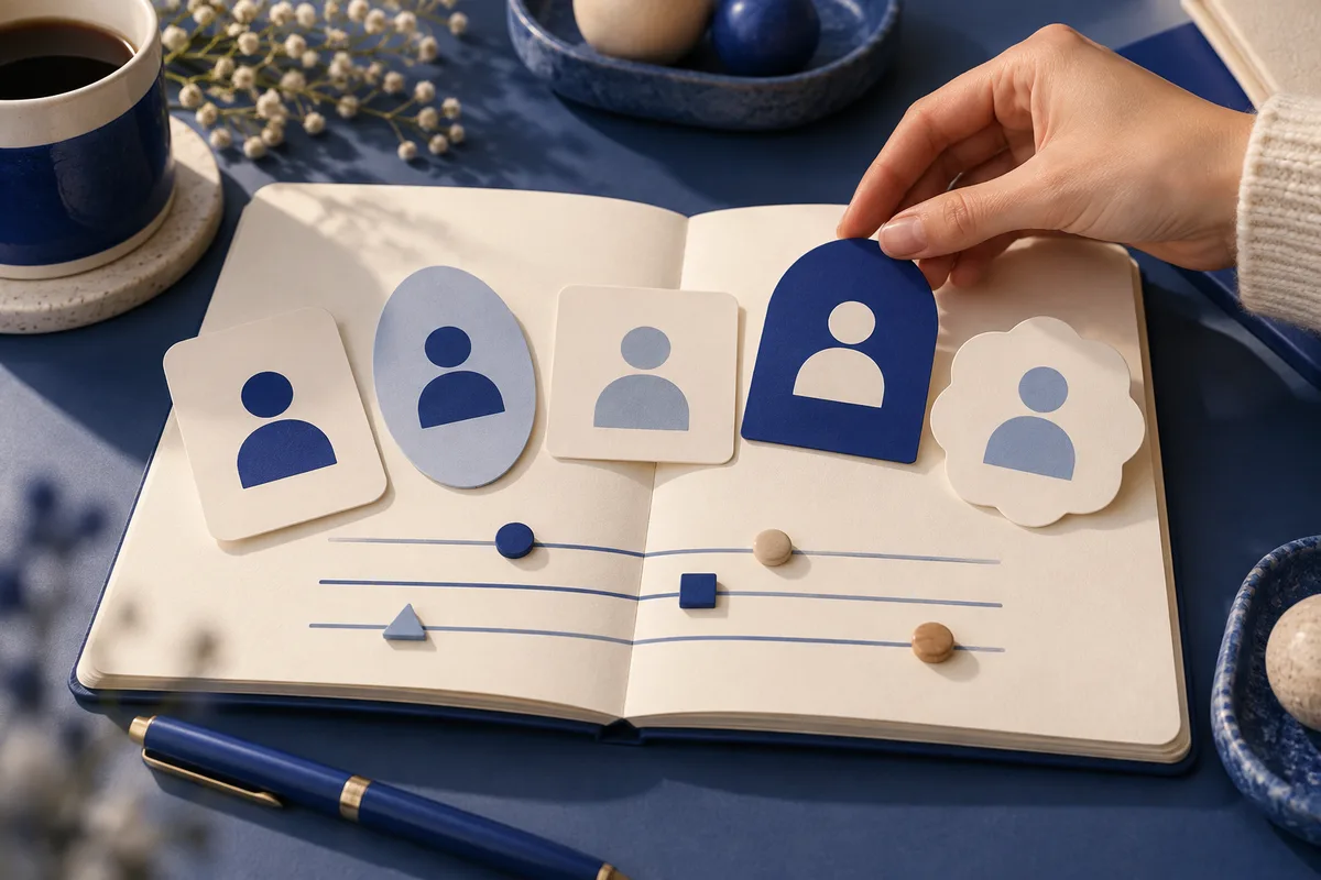 Open notebook with five cards bearing abstract person symbols above horizontal lines and colored geometric markers; a hand holds one blue card, with a coffee cup and pen nearby.