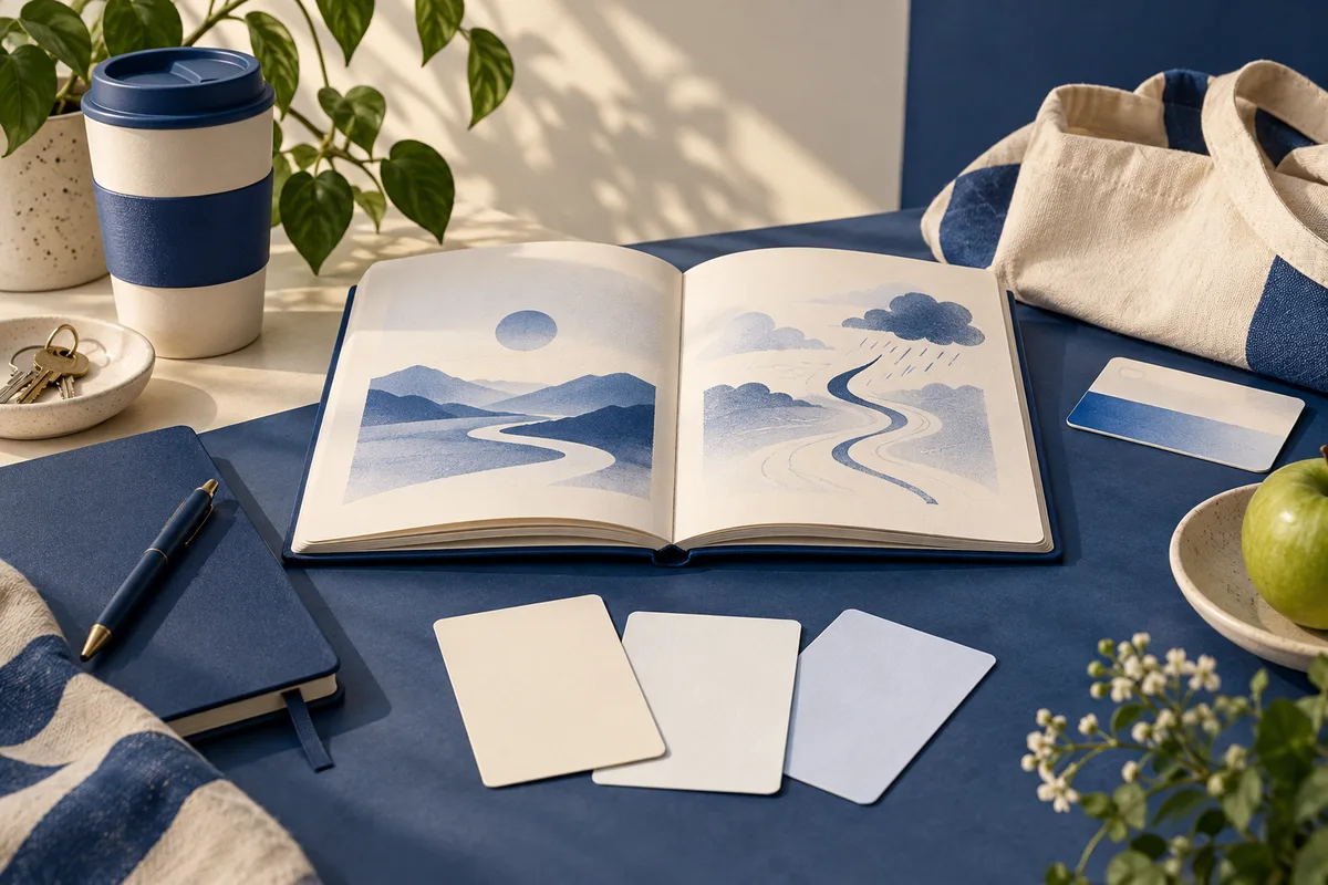 An open notebook shows blue landscape sketches beside blank cards, a takeaway cup, keys, and a canvas bag on a blue table.