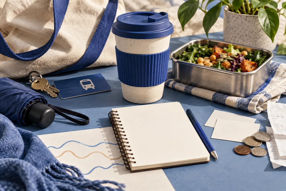 A reusable cup and metal lunch container sit beside a blank notebook, transit card, keys, umbrella, and coins.
