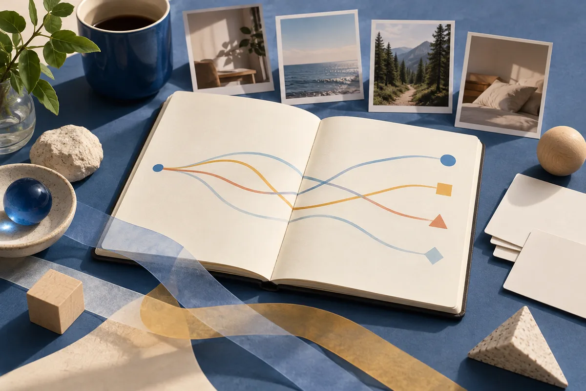 An open book shows colored curved lines branching between a blue dot and several geometric shapes, surrounded by framed landscape and room photos, a mug, and small objects on a desk.