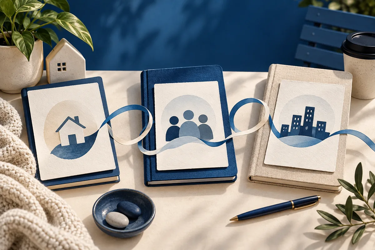 Three notebooks show icons of a house, a group of people, and a city skyline, linked by a blue-and-cream ribbon on a desk with plants and a pen.