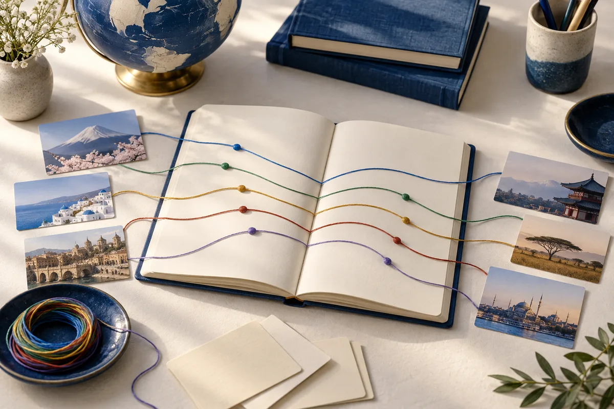An open notebook crossed by five colored threads with beads, surrounded by travel photographs, a globe, books, and a cup of pencils.